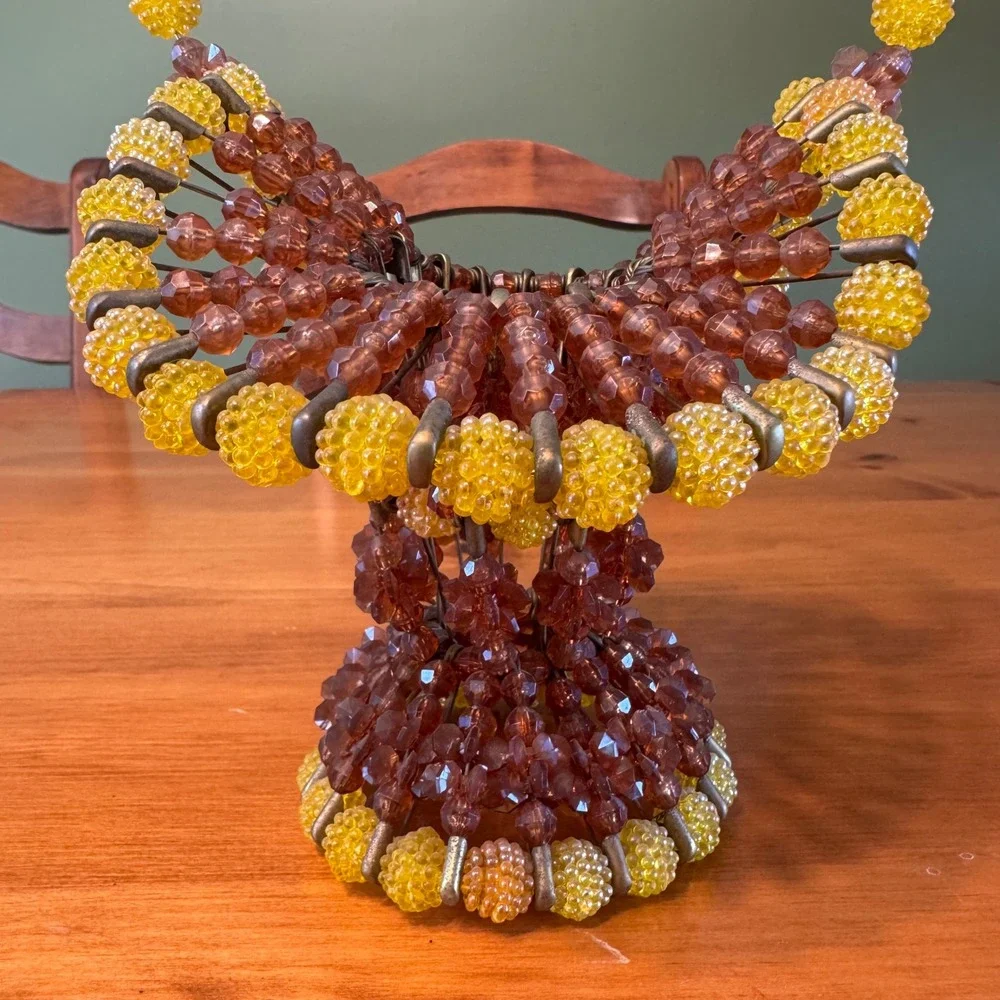 Vintage Safety Pin Beaded Basket Folk Art Amber Yellow Brown
